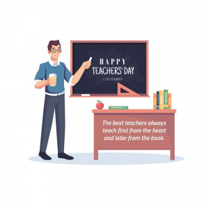 Illustration of a male teacher standing in front of a chalkboard with 'Happy Teachers Day' written on it.