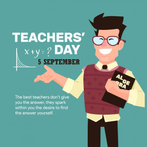 Illustration of a male teacher with a chalkboard and books, celebrating Teachers' Day.