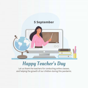 Illustration of a teacher giving an online lesson on a laptop with a globe and books nearby.