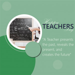 Image depicting a teacher with a chalkboard and the text 'Happy Teachers Day'