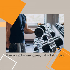 Man lifting dumbbells in a gym with motivational text.