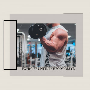 Man lifting dumbbells in a gym, motivational quote.