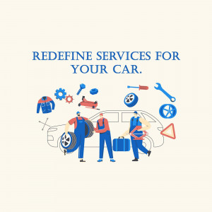 Illustration of mechanics working on a car with tools and equipment.