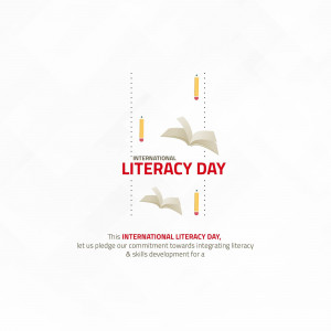 Illustration for International Literacy Day featuring pencils and an open book.