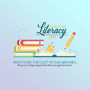 Illustration for International Literacy Day featuring books, pencils, and an open book.