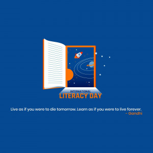 Open book with a rocket ship launching into space, celebrating International Literacy Day.