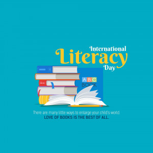 Stack of books with the text 'International Literacy Day'