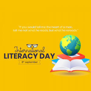 Illustration for International Literacy Day featuring a globe, books, and glasses.