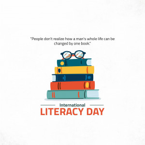 Stack of colorful books with glasses on top and a quote about the power of reading, celebrating International Literacy Day.
