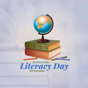 Globe on books with International Literacy Day text