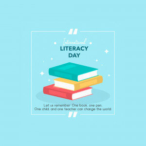 Stack of books with text 'International Literacy Day'