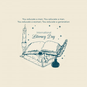 Illustration for International Literacy Day featuring a book, quill, inkwell, and candle.