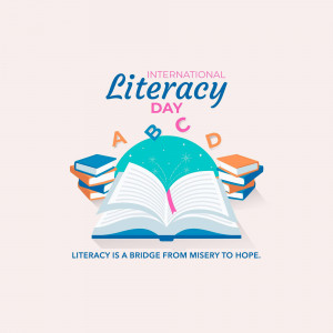 Illustration for International Literacy Day featuring books and letters