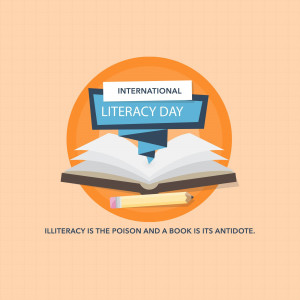 Illustration for International Literacy Day featuring an open book, pencil, and text.
