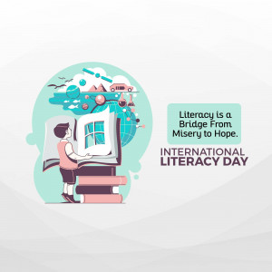 Illustration depicting a boy reading a book with elements representing global literacy and education.