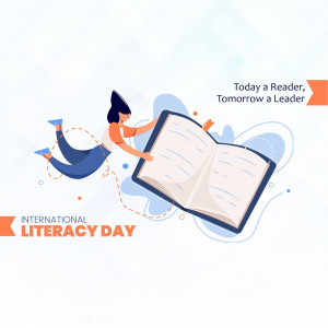 Illustration of a person flying with an open book, celebrating International Literacy Day.