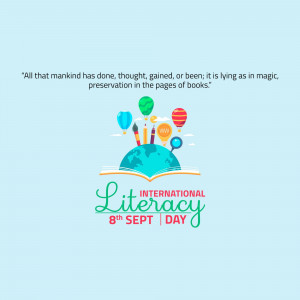 Illustration for International Literacy Day featuring a globe, books, and balloons.