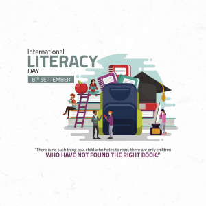 Illustration depicting people reading and learning with books, backpacks, and a ladder, celebrating International Literacy Day.