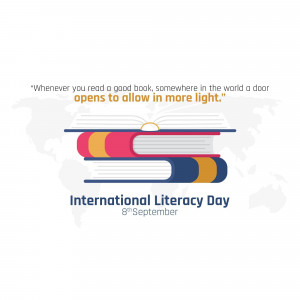 Illustration for International Literacy Day featuring stacked books and a world map.