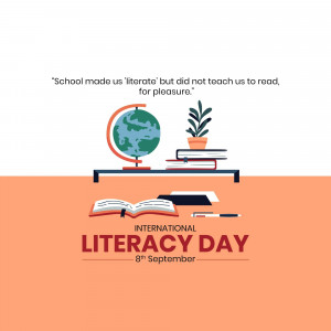 Illustration for International Literacy Day featuring a globe, books, and a plant.