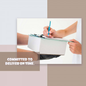 Hands exchanging a clipboard with a pen, representing commitment to timely delivery.