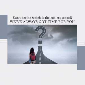 A student looking at a road with a question mark, representing the decision of choosing a school.