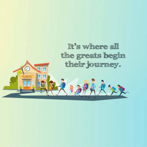 Illustration of students walking to school with a school building in the background and motivational text.