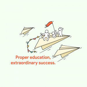 Illustration of people on a paper airplane with a banner reading 'Proper education, extraordinary success'.