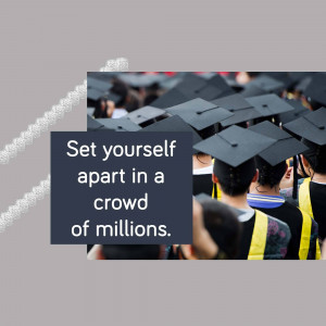 Group of graduates in black caps and gowns with motivational text.