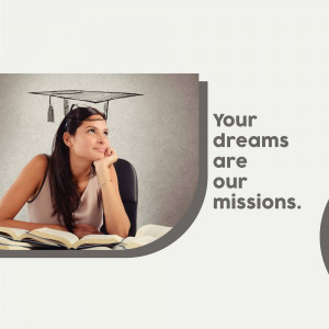 Woman with graduation cap and open book, motivational quote.