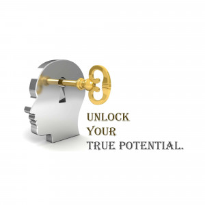 A golden key unlocking a silhouette of a human head, with the text 'Unlock Your True Potential'.