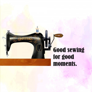 A black vintage sewing machine on a wooden surface with text 'Good sewing for good moments'.