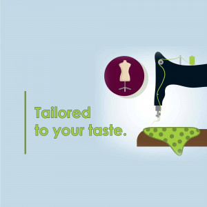 Illustration of a sewing machine with a dress form and fabric.