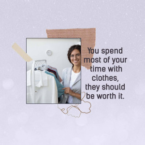Woman looking at clothes on a rack with motivational text.