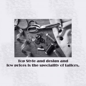 Close-up of tailoring tools like scissors, measuring tape, buttons, and thread on fabric.