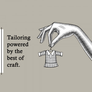 Vintage style illustration of a hand holding a miniature shirt on a hanger with the text 'Tailoring powered by the best of craft.'