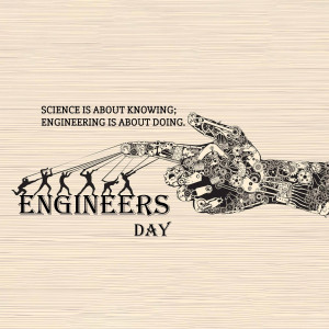 Illustration depicting the connection between science and engineering with a robotic hand and silhouetted figures.