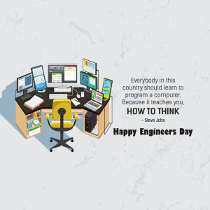 Isometric illustration of a computer workstation with a quote by Steve Jobs about learning to program.