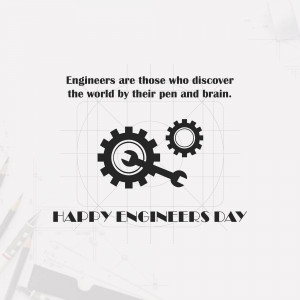 Happy Engineers Day graphic with gears, a wrench, and blueprint elements.