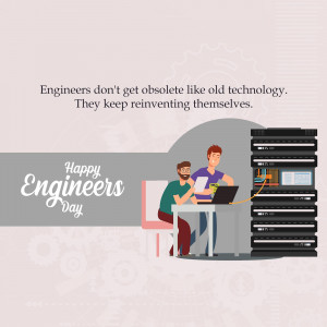 Illustration of two engineers working on a laptop with server racks in the background, celebrating Engineers Day.