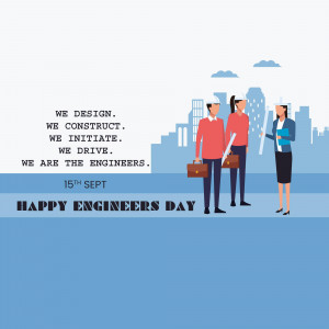Illustration of engineers with text 'We Design, We Initiate, We Drive. We are the Engineers. Happy Engineers Day'