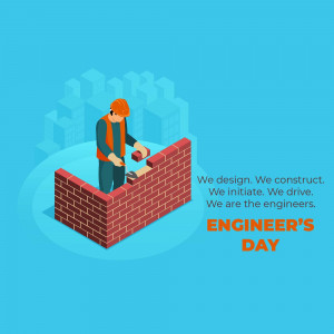 Isometric illustration of a construction worker building a brick wall with text 'Engineer's Day'