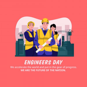 Illustration of three engineers with city skyline and text 'Engineers Day'