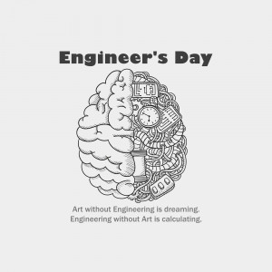 Illustration of a brain split into creative and engineering sides for Engineer's Day