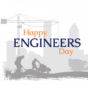 Happy Engineers Day graphic with a cityscape and construction workers