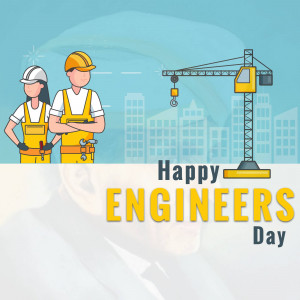 Illustration of two engineers with a construction crane and the text 'Happy Engineers Day'