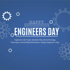 Happy Engineers Day graphic with gears and blueprint elements