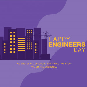 Illustration of a cityscape with a crane and text 'Happy Engineers Day'