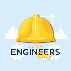 Yellow hard hat with cityscape and gears for Engineers Day
