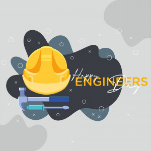 Illustration of a yellow hard hat, hammer, and screwdriver with the text 'Happy Engineers Day'